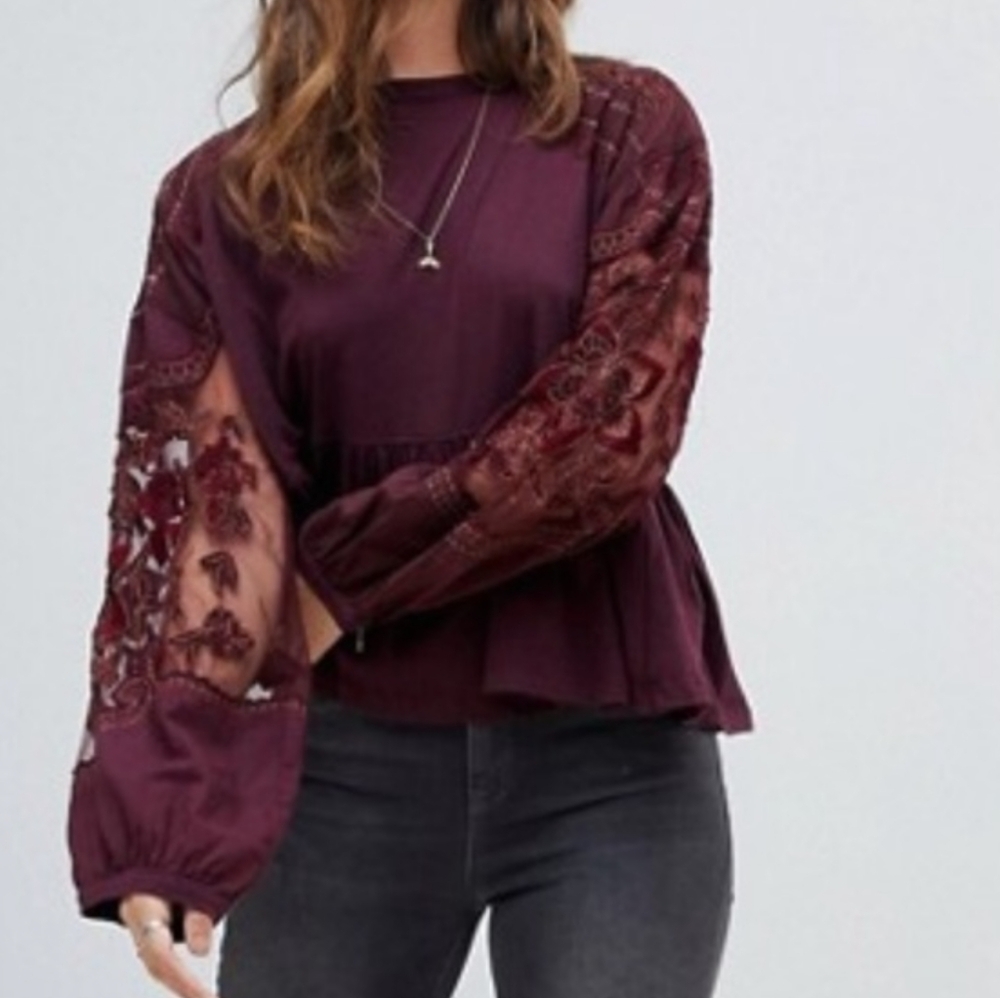 Free People Burgundy Embroidered Mesh Sleeve Peplum Top M Romantic Boho Blouse